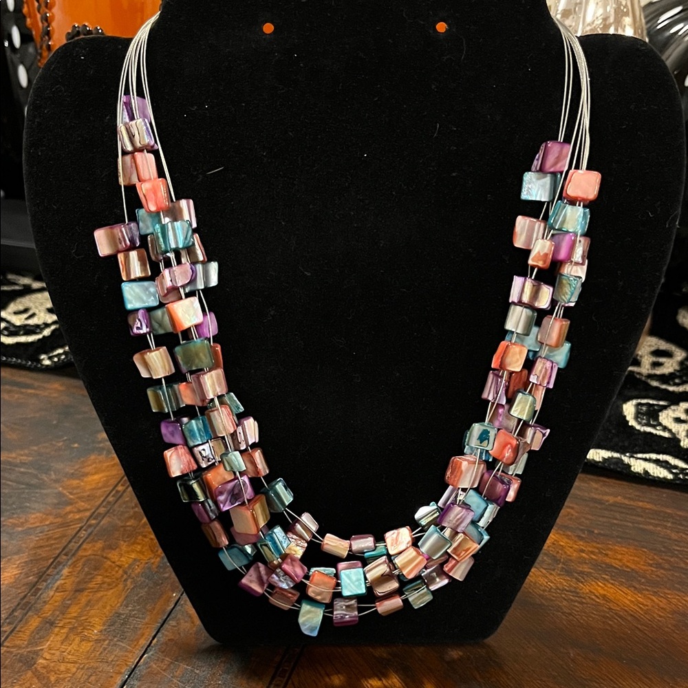 Multi-Strand Iridescent Shell Cube Bead Necklace — Rainbow Pastel Statement